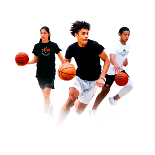 Graphic with youth adults playing basketball