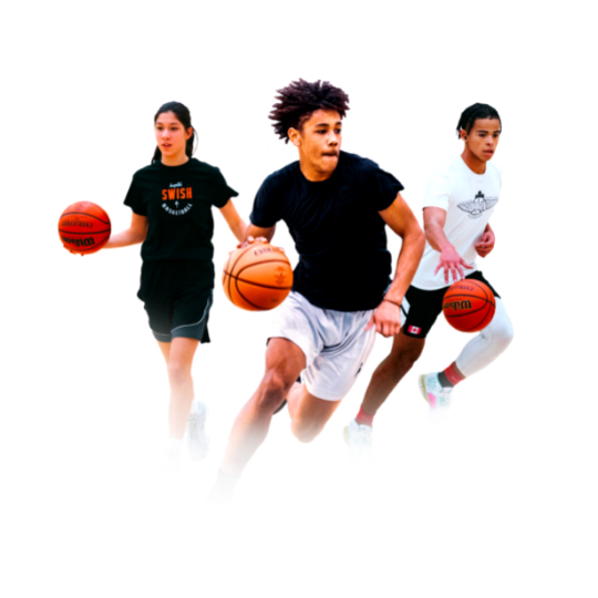 Graphic with youth adults playing basketball